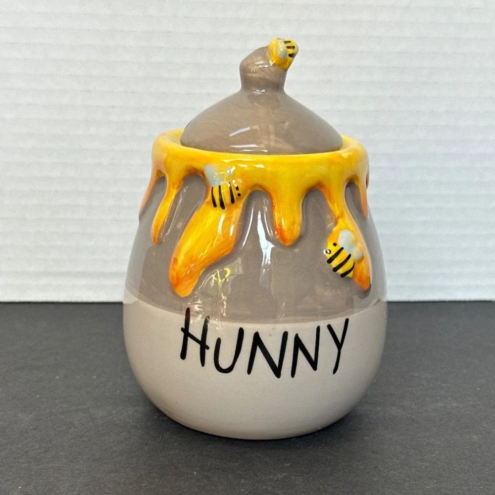 Disney Winnie the Pooh Hunny Pot Ceramic Honey Jar with Lid Bumblebee Grey